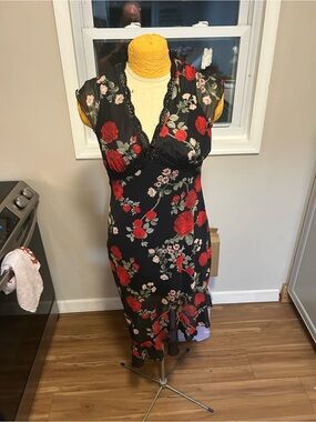 Black Floral Slip Dress with Red Rose Print  Size XL